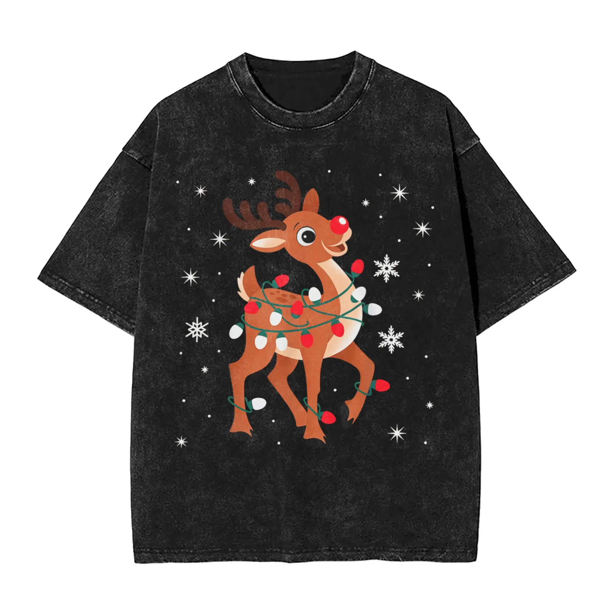 

Vintage Rudolph The Red Nose Reindeer T-Shirt Round Neck Pure Cotton Washed T Shirts Short Sleeve Tee Shirt Plus Size Clothing