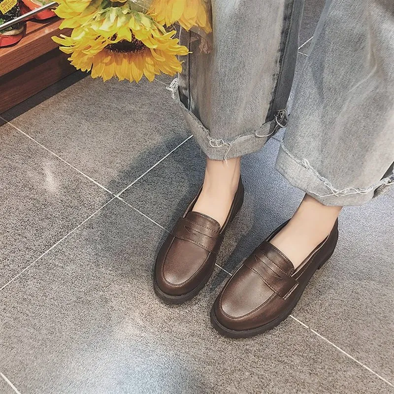 

British Style round Toe Women's Shoes Soft Girl Flats Fashionable Korean College Harajuku Style Black Leather Shoes for Women