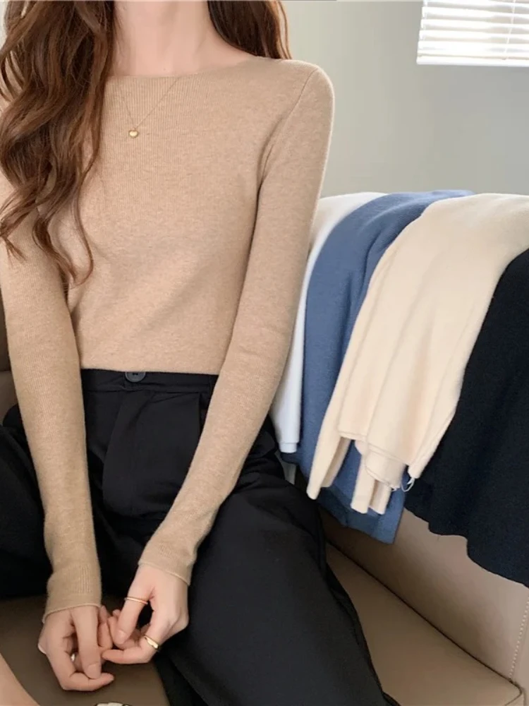 

2026 Winter Women knitwear Sweaters Slash Neck Slim Knitted Pullovers chic Basic Solid Jumper Female Sweater Casual Jersey Tops