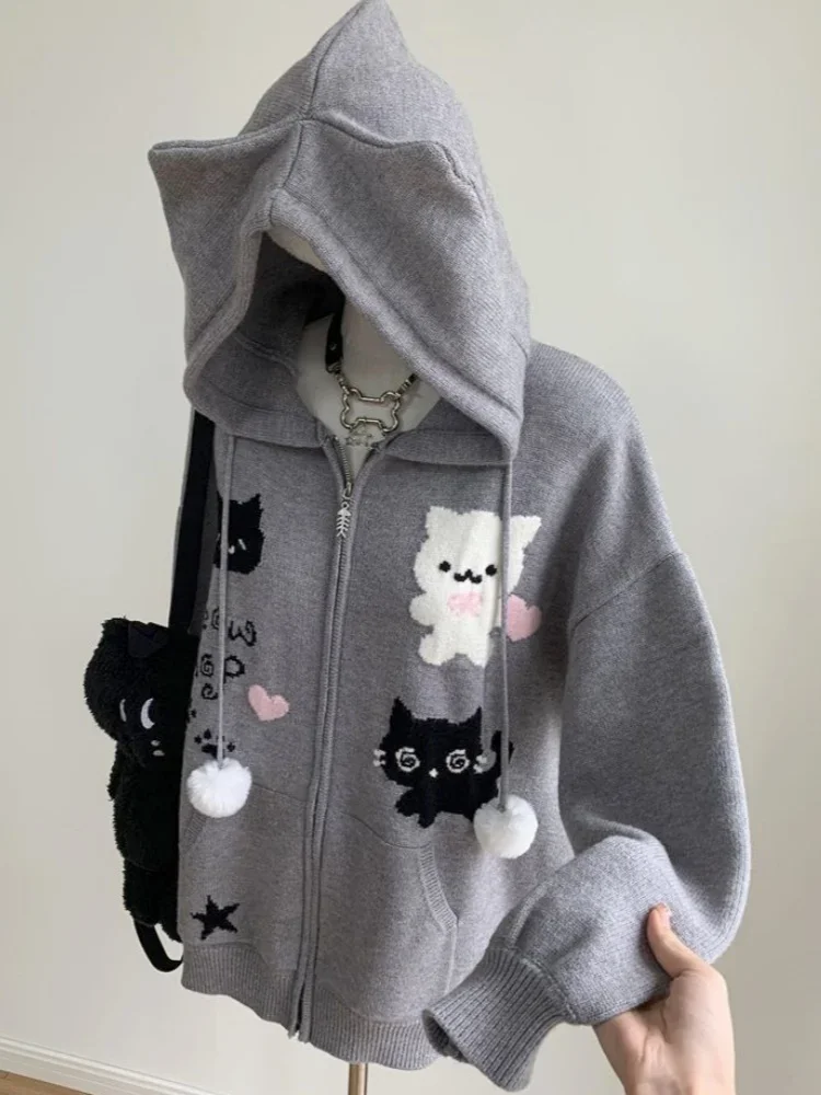 High Quality Cute Cat Kitten Embroidery Sweater Hoodie Gray Loose Baggy Sweatshirt Jacket Coat Grunge E-girl Japanese Jumper Top