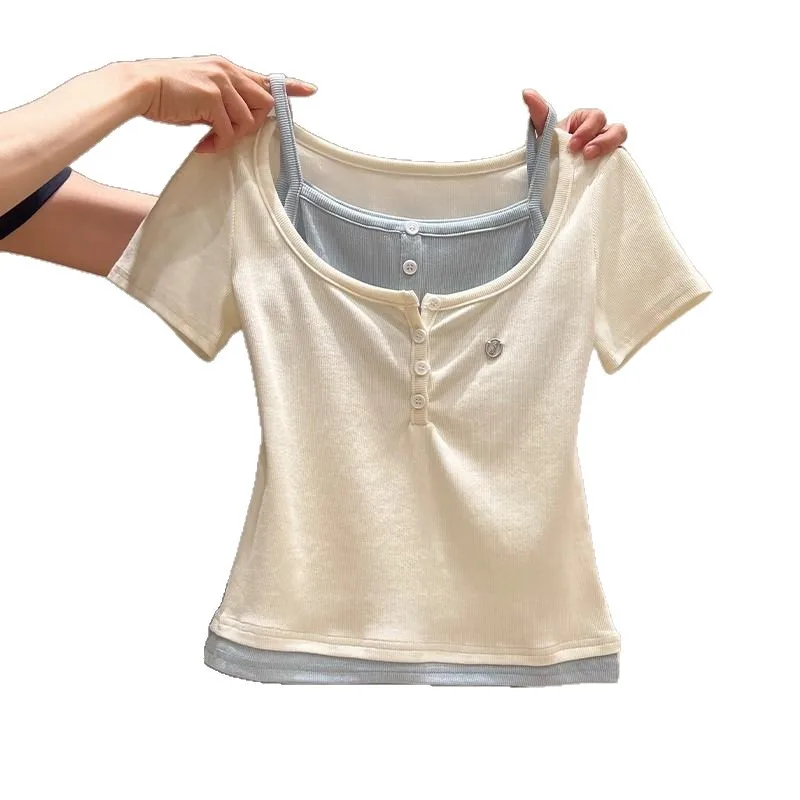 Summer Women's Clothing Girl Style Contrasting Color Fake Two-piece Splicing Half-open Neck Slim-fitting Short-sleeved T-shirt
