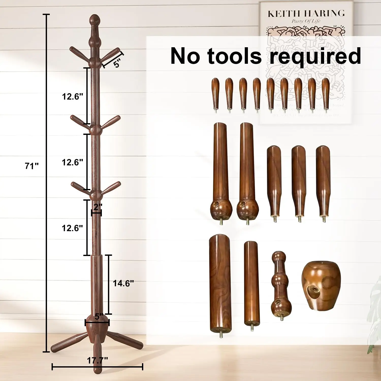 Solid Coat Rack Freestanding 9 Hooks Adjustable 3 Heights Triangle Base Entryway Bedroom Hallway Wood Grain, Customized