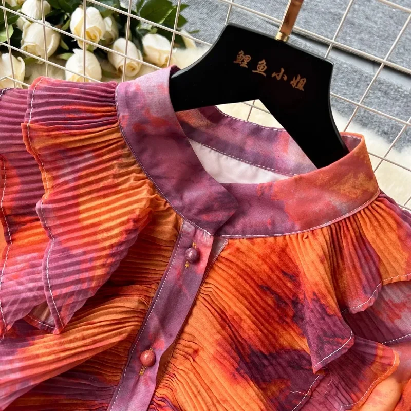 Retro Elegant Autumn Edible Tree Fungus Patchwork Long Sleeves Print Chiffon Dress A-line French Vintage Vacation Women Dresses