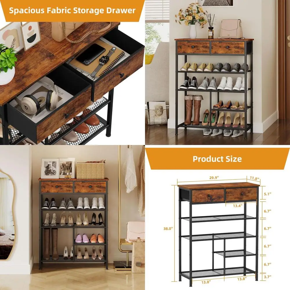 

5-ярусная металлическая полка для обуви с деревянной столешницей и 2 ящиками, отдельно стоящая, для прихожей