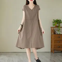 Women Short Sleeve Loose Dress Elegant Simplicity Monochromatic Casual Ventilation, V-neck, Temperament, Summer Clothes, Fashion