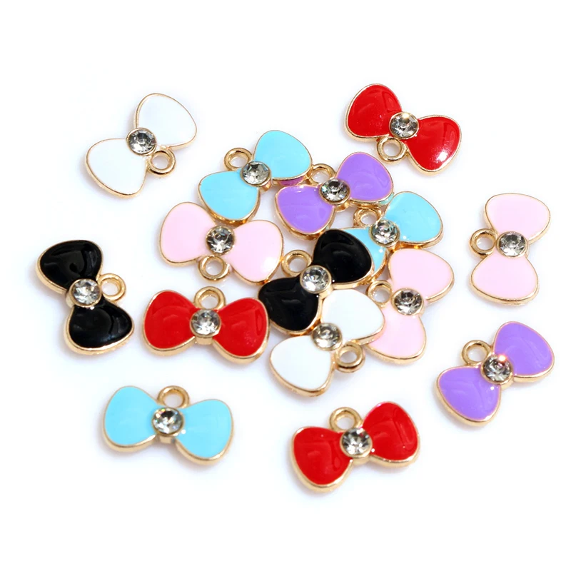 

20pcs 15x9mm Enamel Bow Charms Pendant Zircon Alloy Craft DIY Jewelry Making Accessories for Earrings Bracelet Necklace Keychain