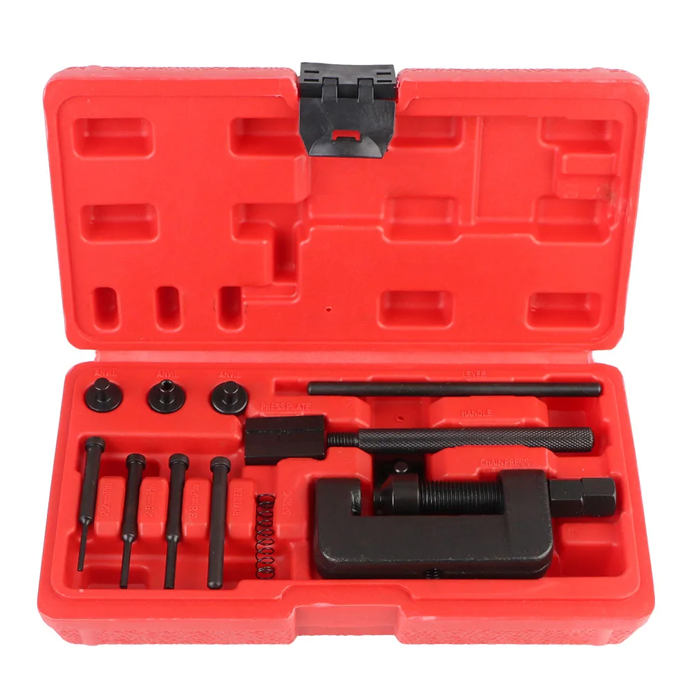 Motorcycle Bike Splitter Link Riveter Set Cam Drive Chain Breaker With Red Case Heavy Duty 13Pcs Riveting Repair Tool Kit