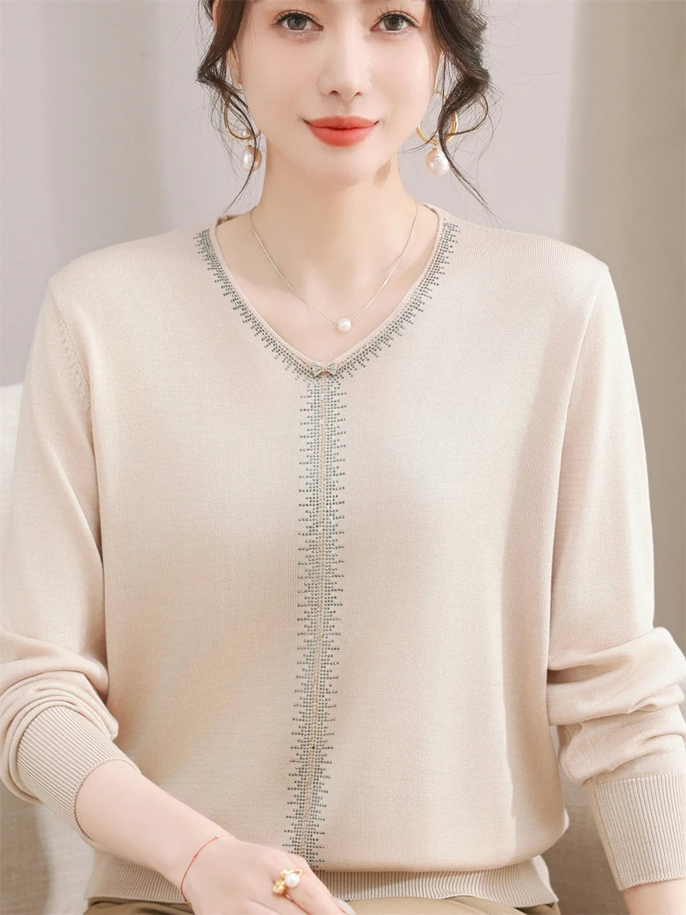 

Spring Faion Knitted Loose Long Sve T-irt Thin Base Layer Top for Mom Middle-Aged Women Comfortable Breathable irt