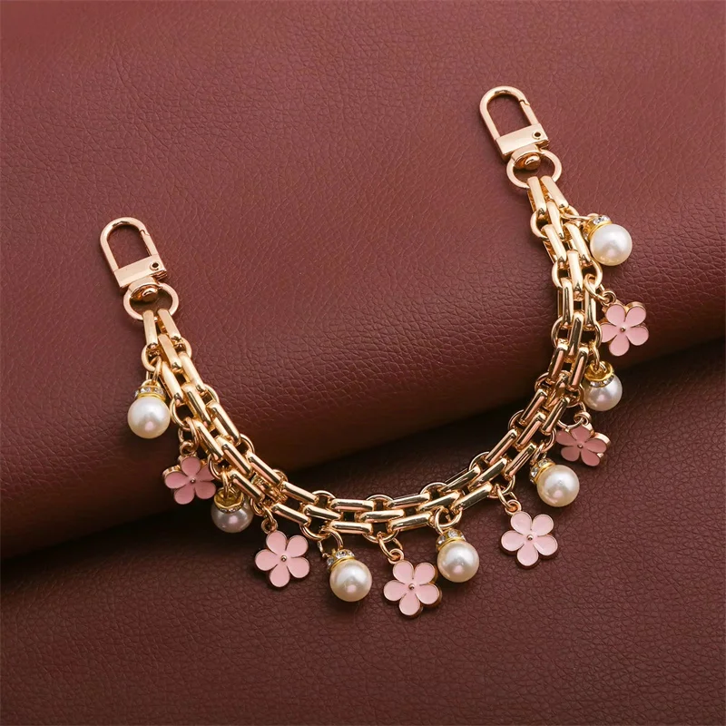 Metal Purse Extender Chain Pink Flower Pearl Length Adjustment Purse Charms Resists Rust Beautiful Purse Chain for Handbags