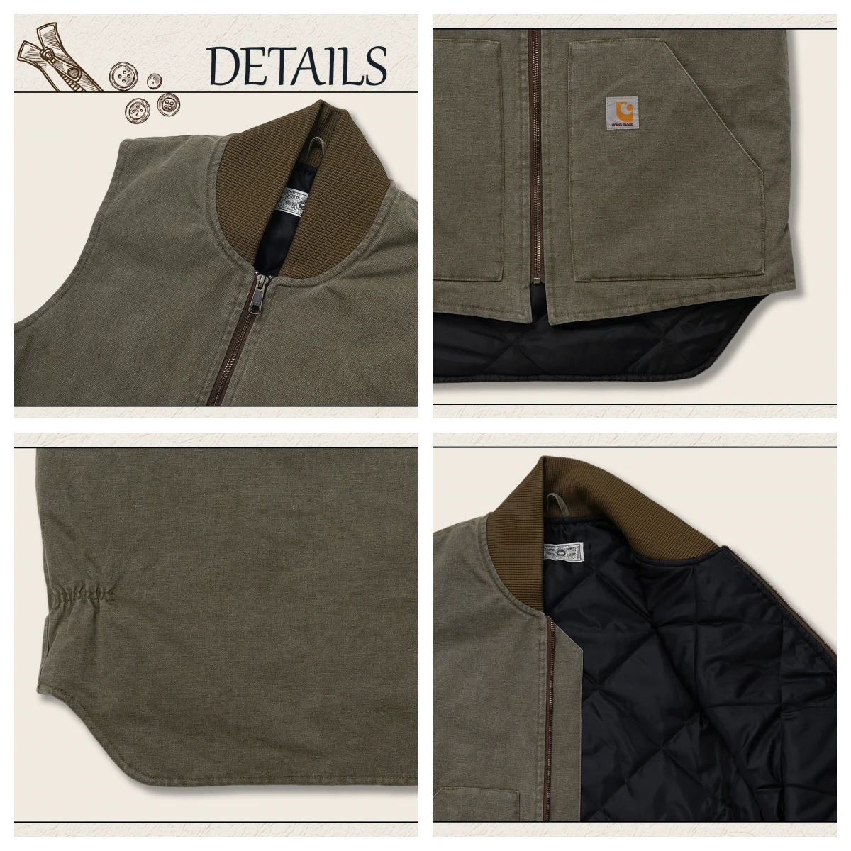 Men\'s Canvas Quilted Vest Rib Collar Autumn Winter Insulated Gilet