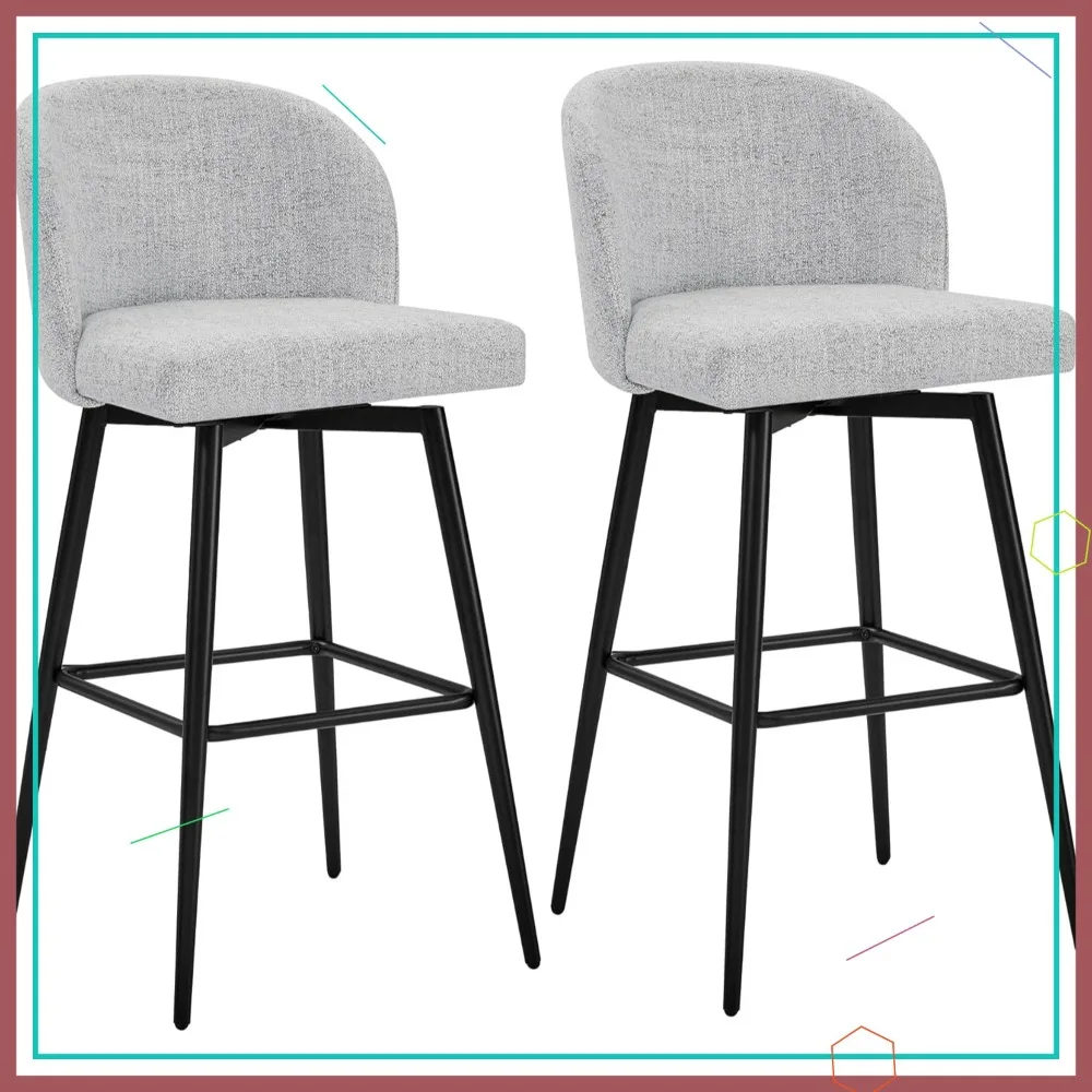 

Set of 2 Swivel Bar Stools with Backs, Upholstered Fabric, 30" Seat Height, Metal Legs - White Multi-Colored