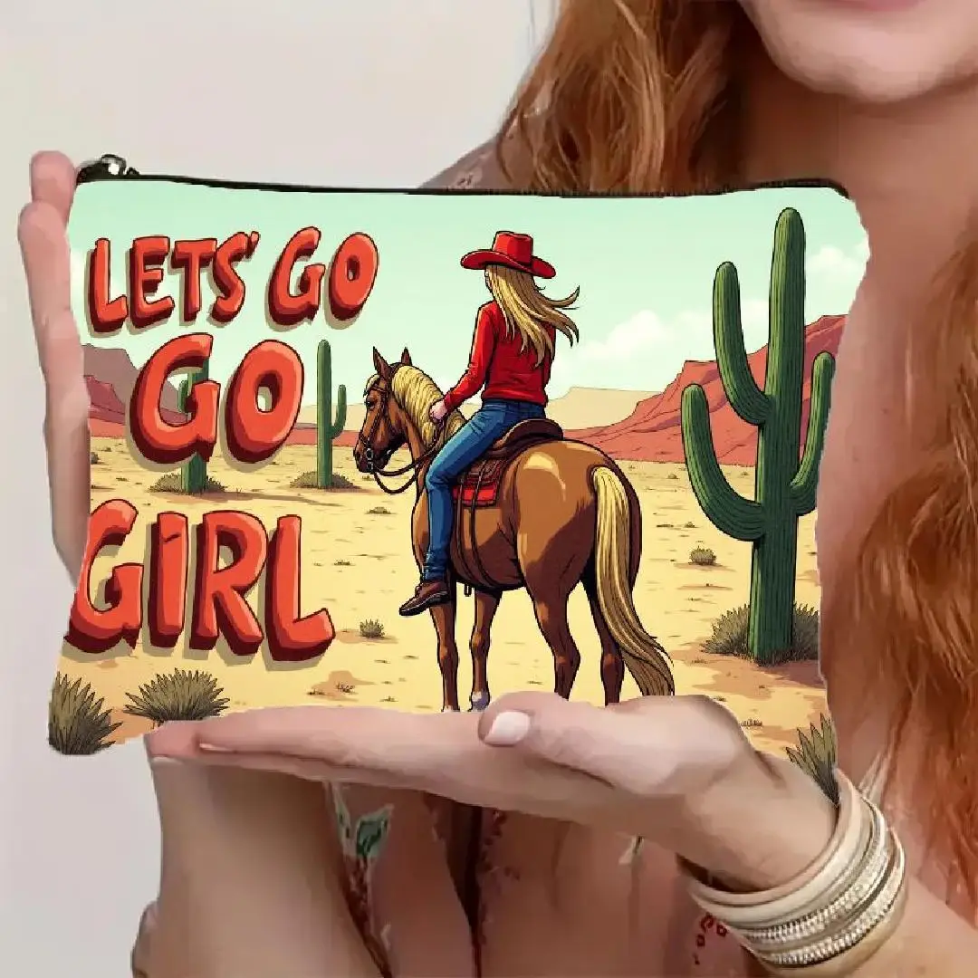 

A Western Cowgirl and Horse Riding Desert Print Makeup Bag- Multifunctional Zipper Pouch, Jewelry Storage Bag, Perfect Travel