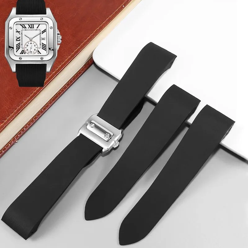 Silicone Rubber Watchbands For Cartier Santos 100 W2020007 W2020008 Watch Straps Waterproof Watch Bracelet 25mm