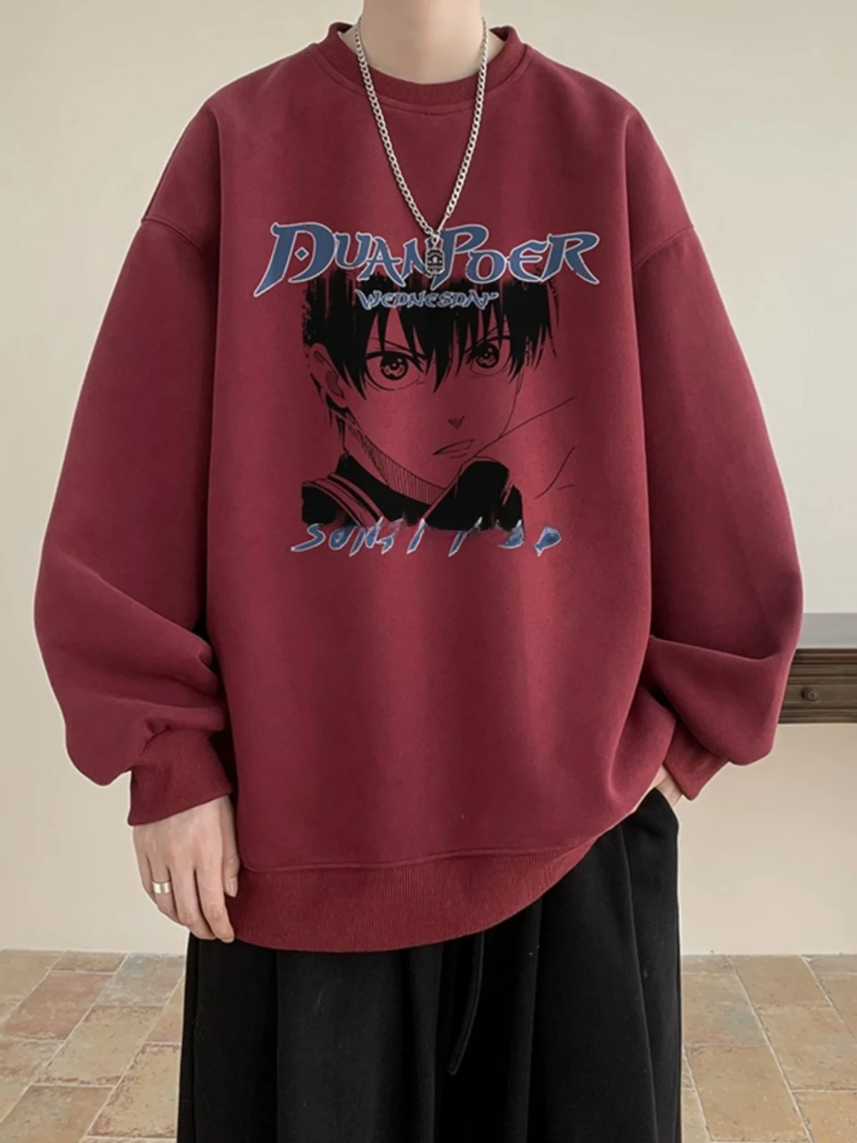 

Мужская толстовка с длинным рукавом и принтом цвета красного вина, плотная американская футболка, молодежная повседневная верхняя одежда из полиэстера