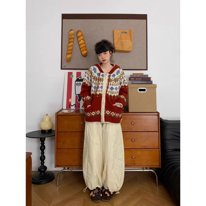 Feilao Island Knitted Sweater Women's Winter New Loose Fit Zipper Red Cardigan Outerwear High-End Feeling Celebration Coat