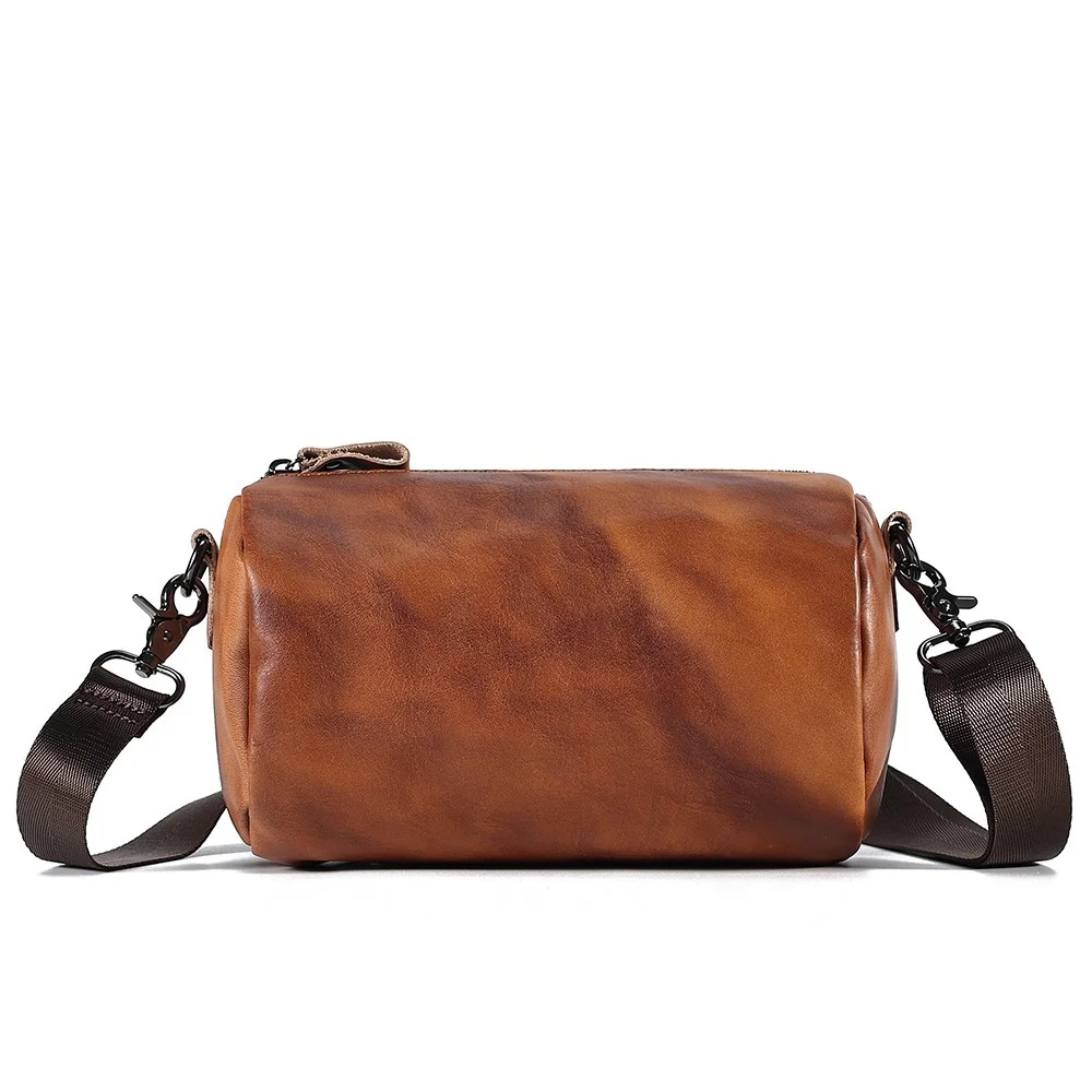 

Vintage Real Leather Crossbody Bag for Men Women Cylindrical Shoulder Bag Fashion Designer Cowhide Small Messenger Bag