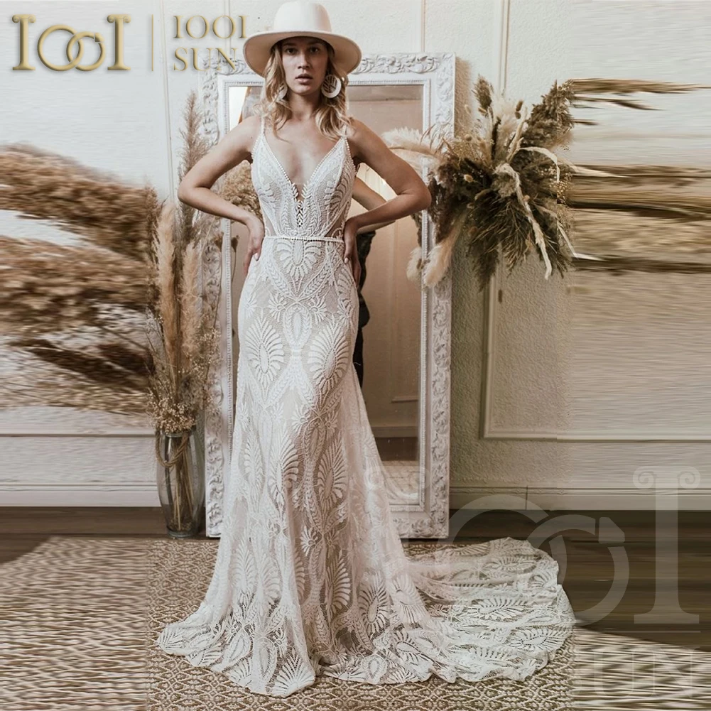 

IOOISUN Boho Spaghetti Straps Lace Mermaid Bridal Dresses Deep V-Neck Wedding Dress Backless Party Gown Customized