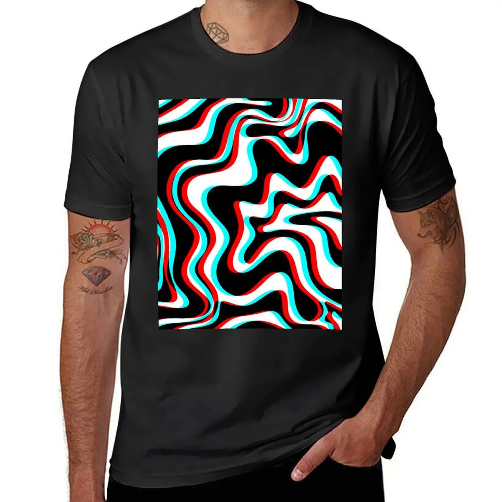 

Trippy Glitch Retro Liquid Swirl Abstract Pattern Black White Red Cyan T-Shirt shirts graphic tees korean fashion t shirts men