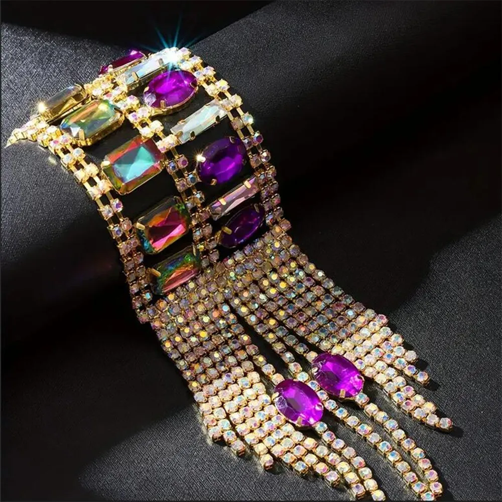 Shiny Crystal Mixed Color Square Oval Tassel Hand Bracelet for Girl Rhinestone Geometric Big Hand Chain Bangle Wristband Jewelry