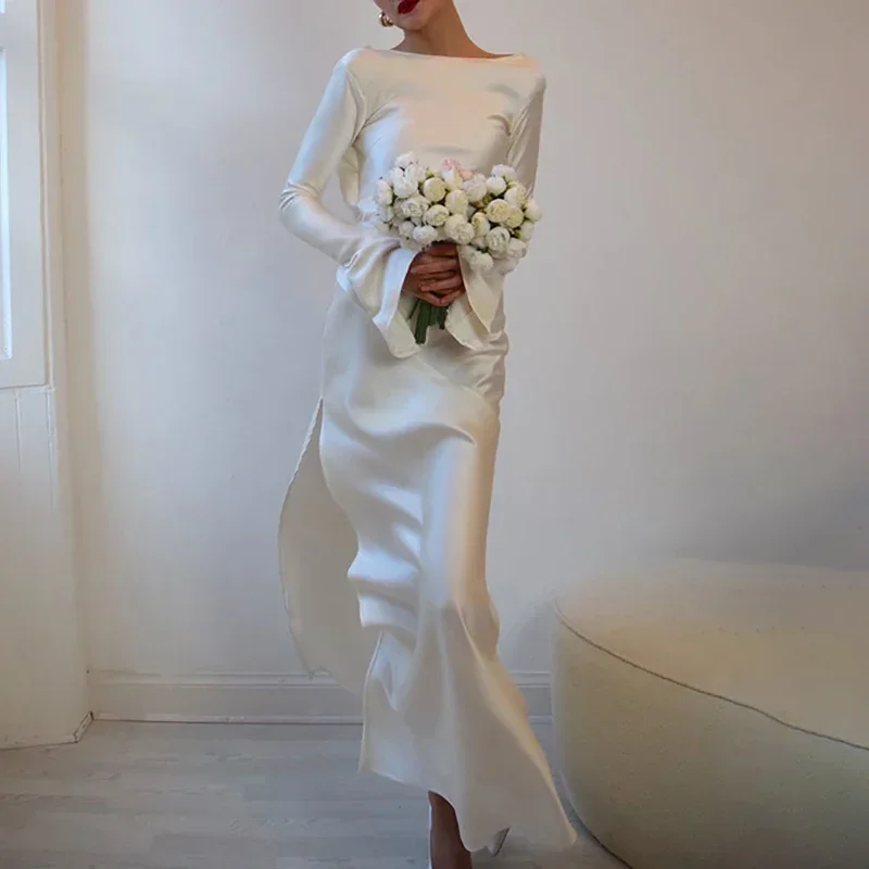 White Satin Long Sleeved Slim Evening Dress Sexy Hollow Out Backless Mermaid Robe Dress New Autumn Women O Neck Fashion Dresses