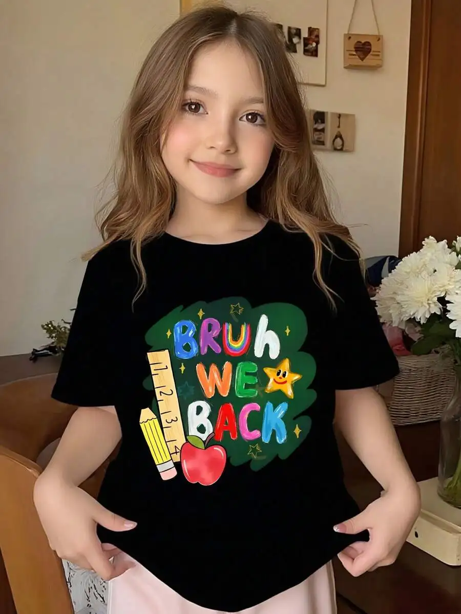 Young Kids ' We Back' Print Graphic Tee, Back To School Themed Short Sleeve T-Shirt With Pencil Ruler Apple Pattern, Casual Soft