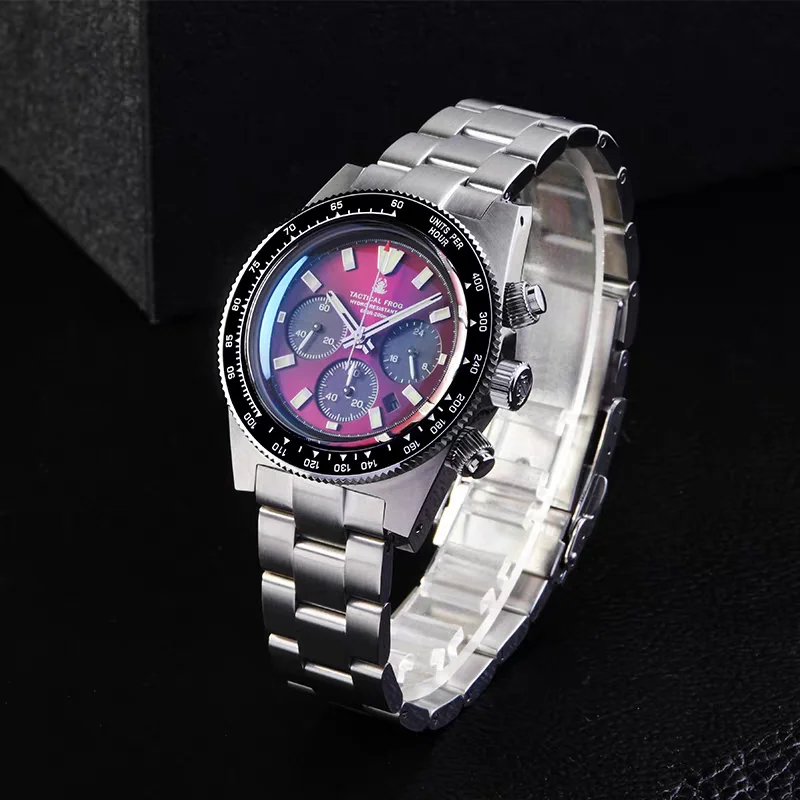 Tactical Frog Men Chronograph Watch 43.5mm Aviator Solar Eco-Drive Quartz Wristwatch 20Bar Waterproof C3 Luminous Sapphire VS75B