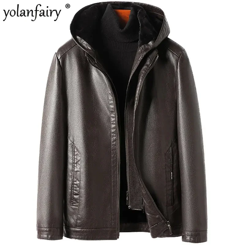 

Men's Leather Jacket Genuine Hooded Plush Warm Clothes Male Coat Winter New High-end Coats Erkek Mont FCY