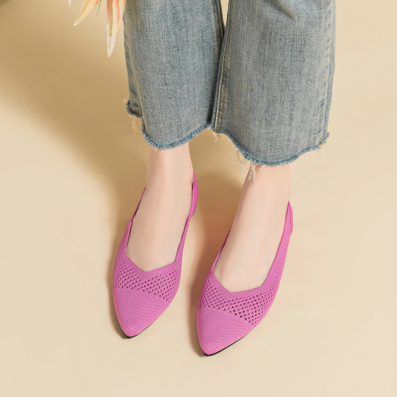 

Pointed Toe Shallow Mouth Fabric Love Thick Heel Casual Large Size Striped Solid Color Knitted Breathable Low Heel Medium Heel