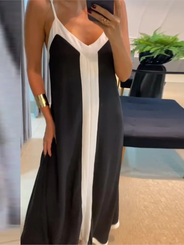 New Women Casual V Neck Long Dress Summer Chic Stitching Color Loose Hem Dresses Elegant Backless Sleeveless Sling Maxi Dresses