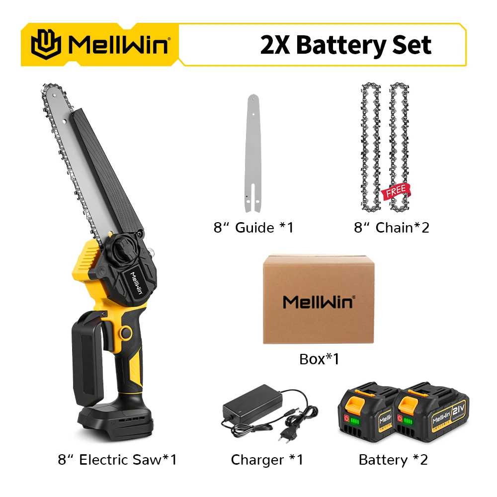 MELLWIN Bürstenlose 8-Zoll-Elektrokettensäge mit automatischer Ölschmierung, Gartensäge zum Holzschneiden, Beschneiden und Fällen, kompatibel mit Makita 18V-Akku.