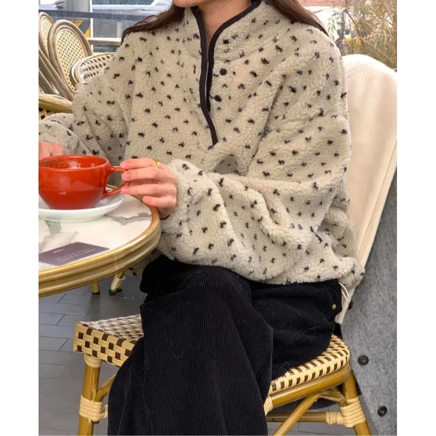 

Korean Sle Long Sve Hoodie Jaet Women's Lamb Fur Heart Warm Casual Loose Design Sensation Lazy Sle Top