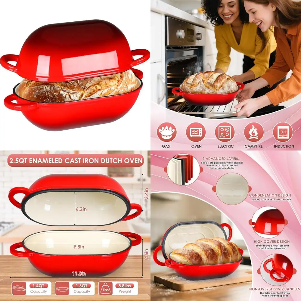 

Non-Stick Oven Safe 2.5 Quart Enamel Cast Iron Dutch Oven for Bread Baking, Perfect Bakeware Pot with Lid, Red, Ideal for Oven U