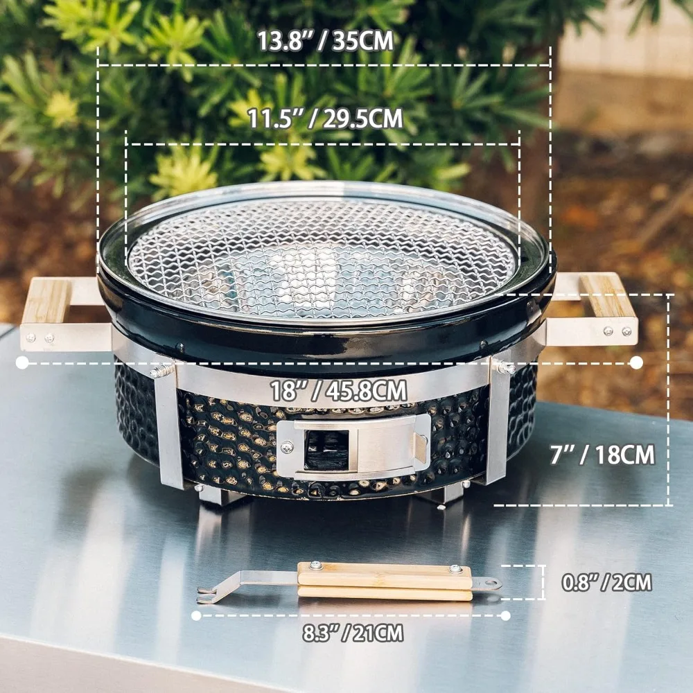 Ceramic charcoal grill. With grid lifter.14 inch portable barbecue. With stainless steel grate for outdoor camping picnic patio