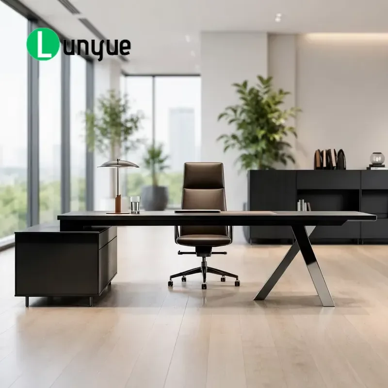 Modern Simple L-Shaped Administrative Desk with Wooden Locker Eco-Friendly Shelf Geometric Panel Office Furniture for