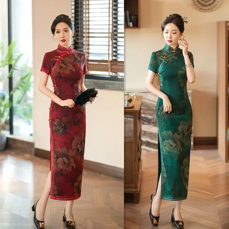 

Старый Шанхайский ретро китайский стиль с длинными короткими рукавами Qipao 2024, весна/лето, новое традиционное платье Cheongsam в этническом стиле