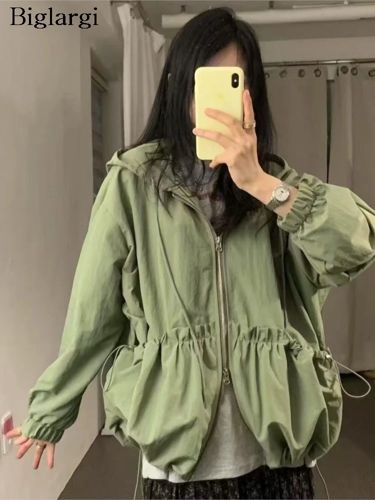 

Осеннее пальто с капюшоном, женские повседневные свободные плиссированные куртки в корейском стиле, модные женские пальто с длинным рукавом