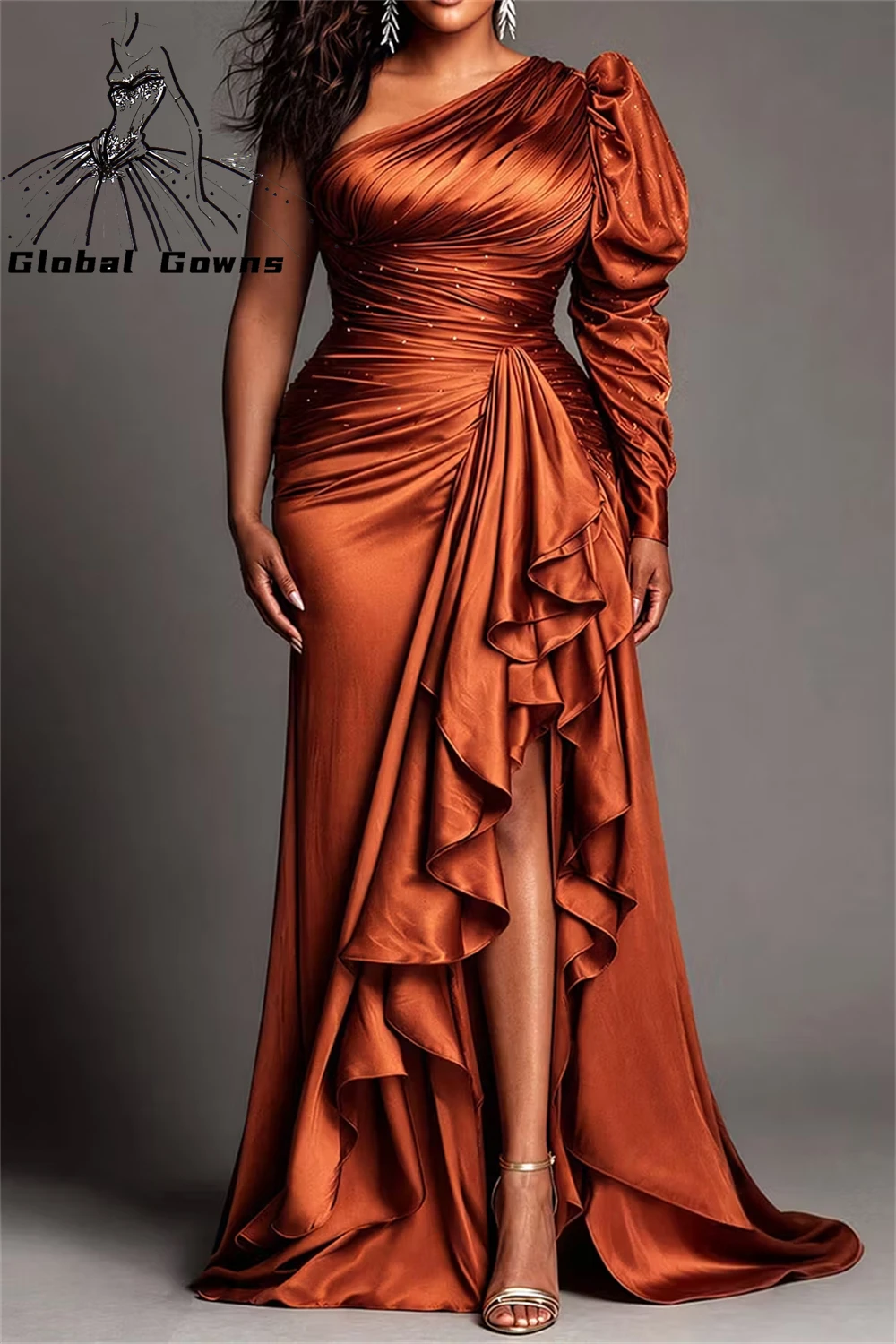 Plus Size One Shoulder Ruffle Maxi Cocktail Dress Long Sleeve High Slit Mermaid Dress Cinch Waist Tiered Ruffle Train Prom Dress