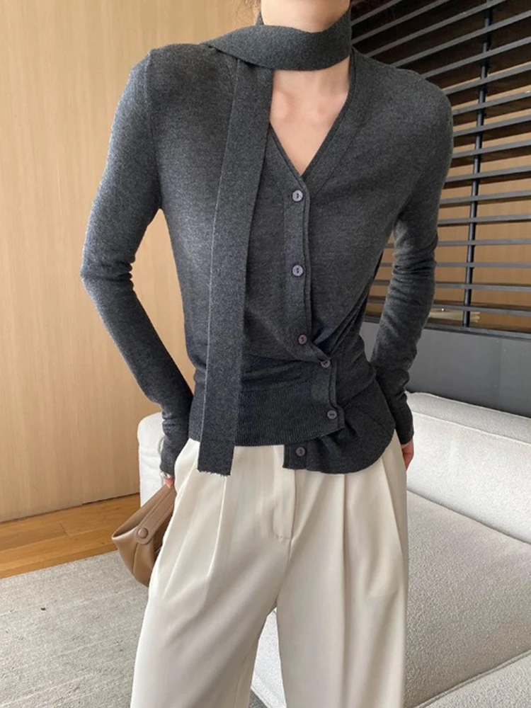 [LANMREM] Knitting Cardigan Sweater For Women V Neck Single Breasted Long Sleeve Office Lady Tops Fashion 2024 Autumn New 26C181