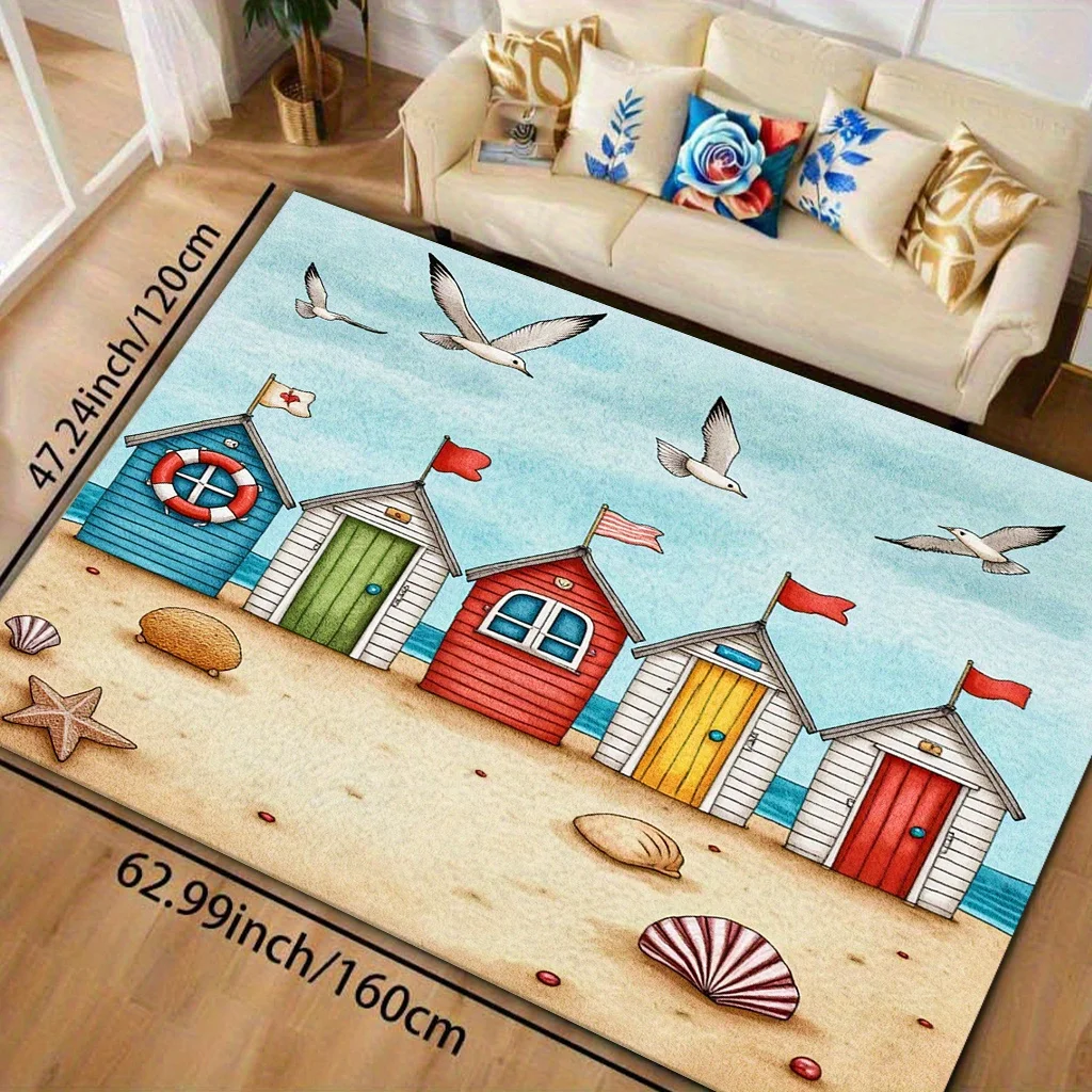 Beach Hut Doormat, Colorful Seaside Cabin Rug, Coastal Floor Mat, Non-Slip Entryway Carpet, Summer Home Decor