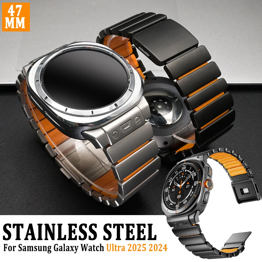 سوار فولاذي فاخر من الفولاذ المقاوم للصدأ لساعة سامسونج جالاكسي الترا 2025 حزام معصم مطاطي لساعة جالاكسي الترا 2024 47 مللي متر ملحقات #1