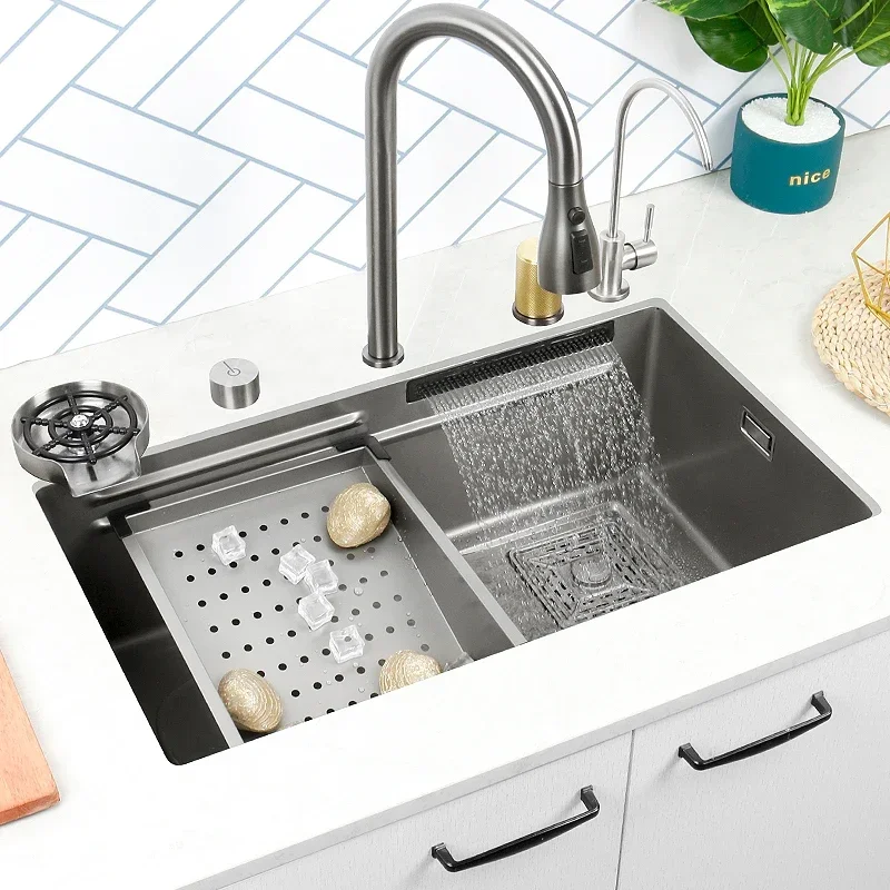 Waterfall Sink  Nano 304 Stainless Steel Kitchen Sink Single Bowl Wash Basin with Waterfall Faucet for Kitchen Renovation