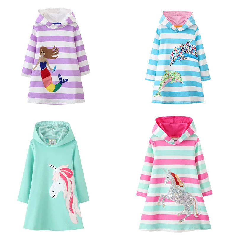 

Jumping Meters 2-7T Long Sleeve Cotton Mermaid Emrboidery Girls Dresses for Winter Spring Baby Cotton Clothing Hoodies Dresses