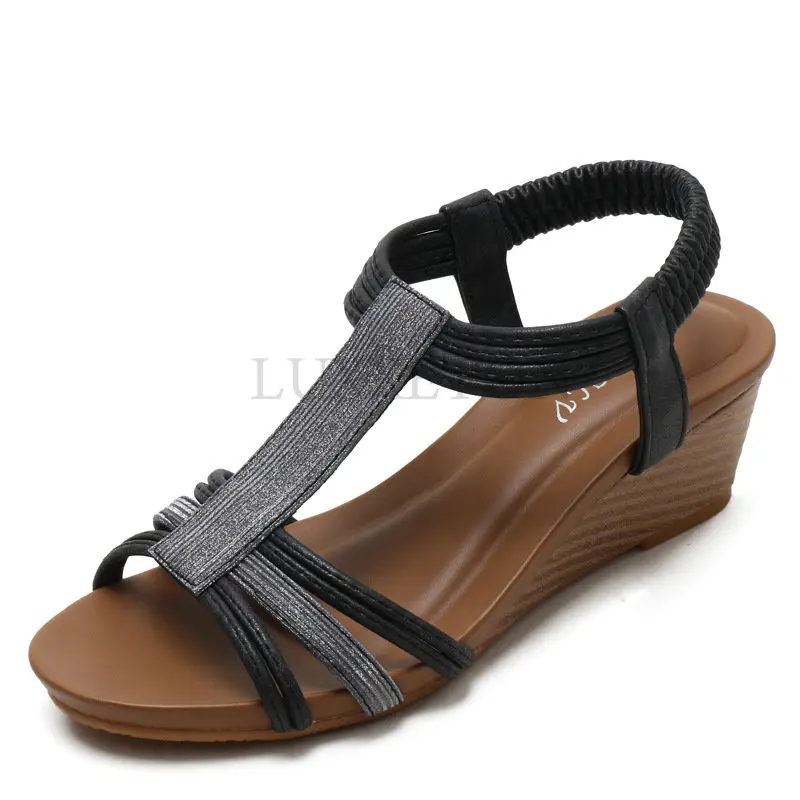 Women Wedges Gladiator Sandals Bohemia Open Toe Leisure Platform Beach Shoes Sandals Ladies Comfy Metallic Summer Heeled Shoes