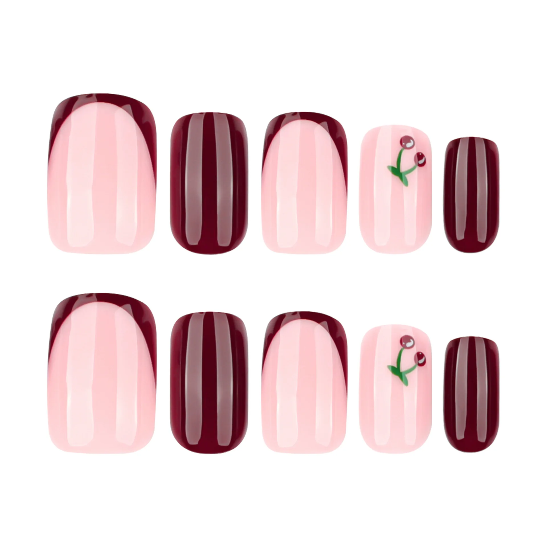 24pcs False Nails French Wine Red Simple Short Square Nails Cherry-shaped Press-on Full-coverage Nail Stickers Suitable for Girl