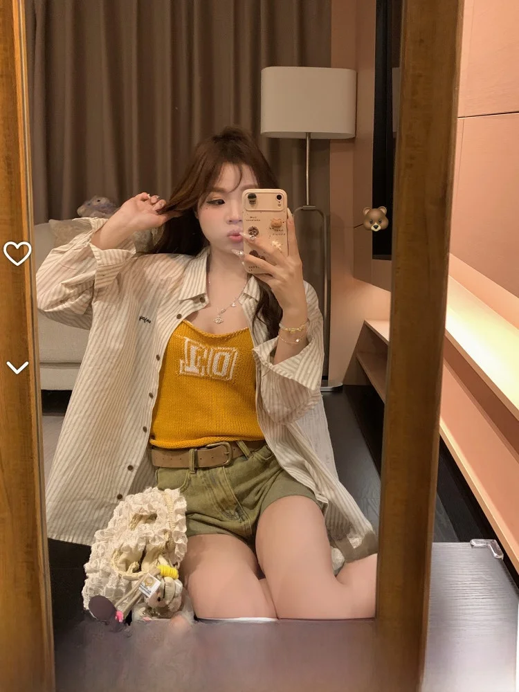 

Retro Korean Sle Letter Embroidery Striped Collar Long Sve Women's irt Breathable Loose Fit Spring Faion