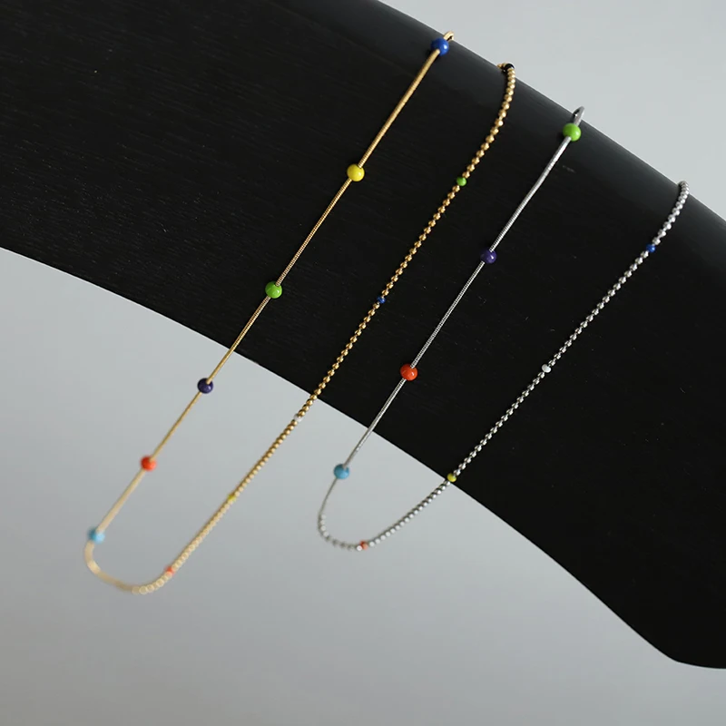 Dopamine Colorful Beaded Spliced Beads Chain Necklace for Women 18K Gold Plated Stainless Steel Stackable Choker Collar Gift