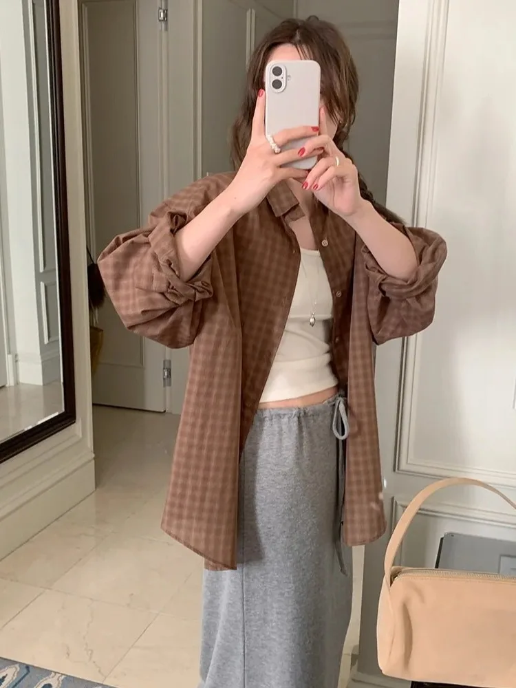 Primavera faion xadrez irt feminino coreano sle casual único botão longo sve turn-down colarinho vintage atarracado cardigan