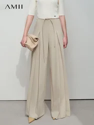 AMII Minimalist Wide Leg Pants Women 2025 Autumn New Casual Loose Smooth Pleated High Waist Black Slim Straight Pants 12541051
