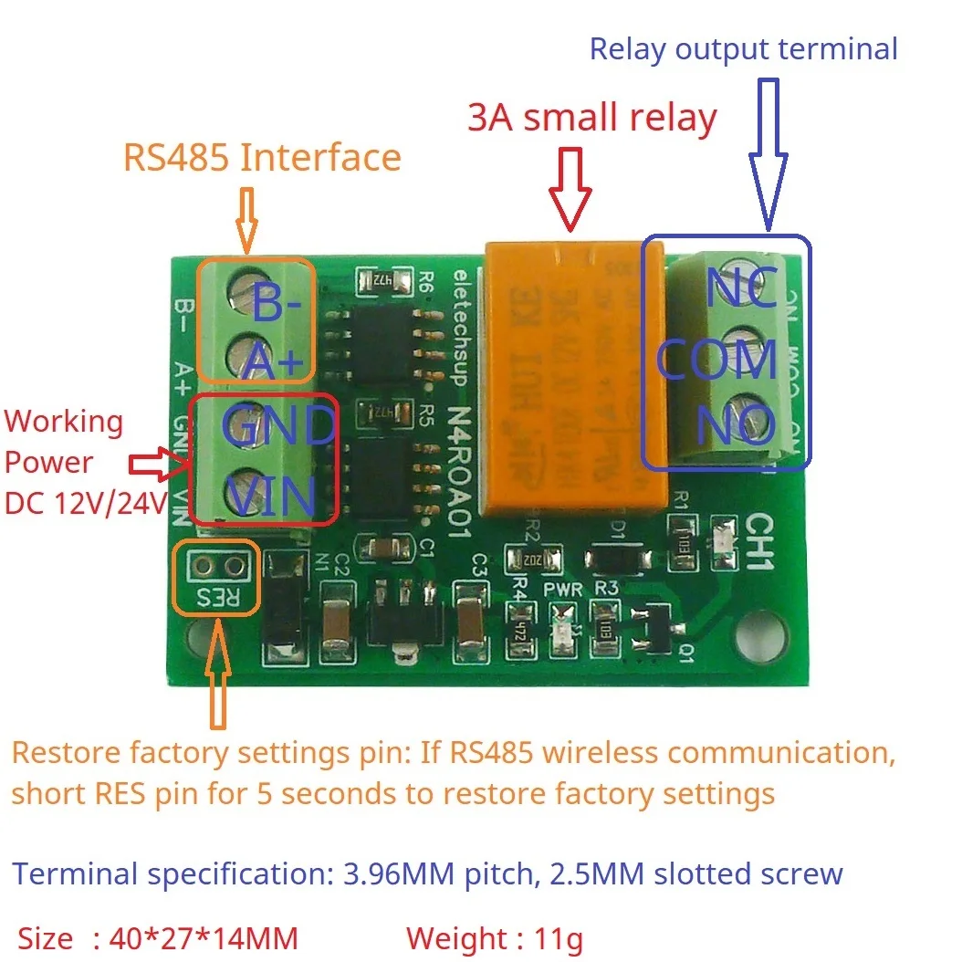 MODBUS RTU Command 01/03/05/06/15/16 Function Code Module DC 12V 24V 1CH 3A Small Relay Board RS485 UART Serial Port Switch