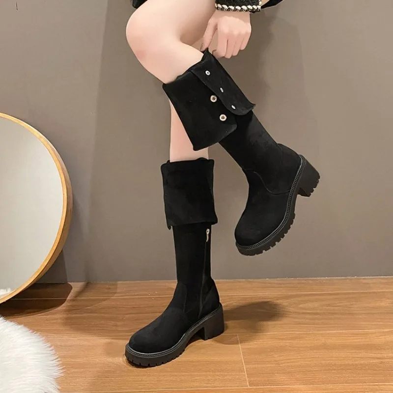 Cross knee retro folding thick soled western boots for autumn and winter, new leather velvet long tube thick heel knight boots